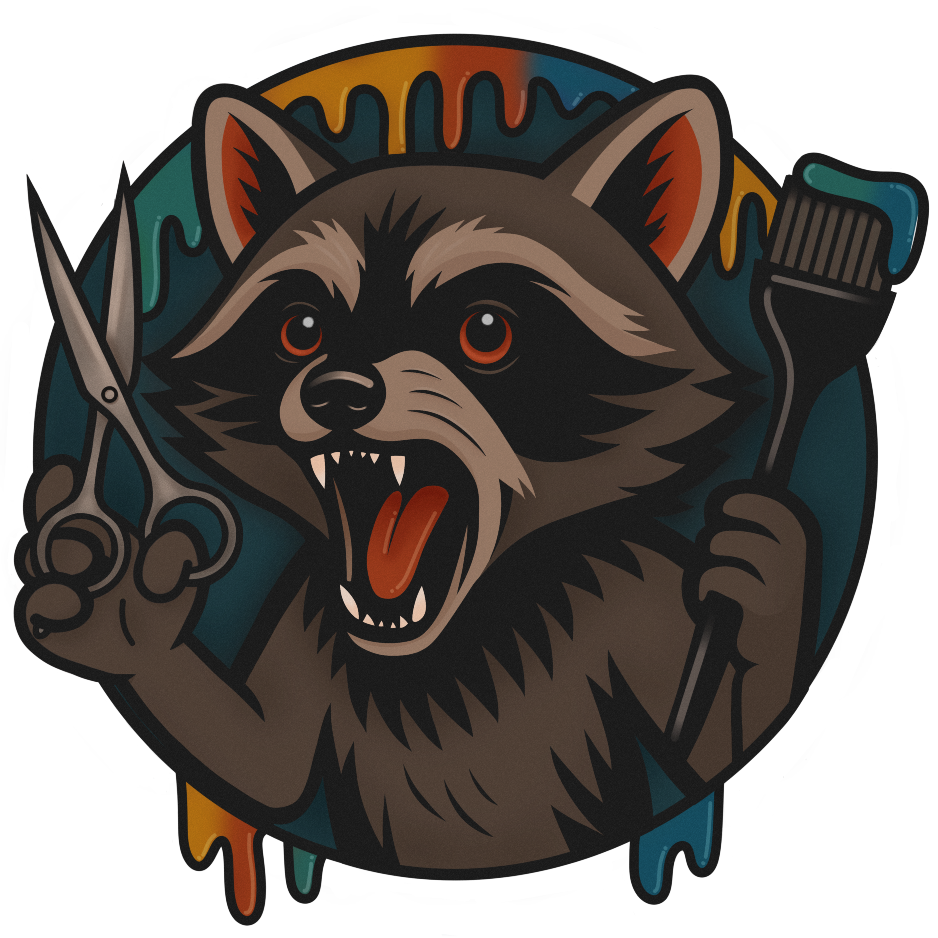 Shrieking Bandit Hair Design Logo picturing a cartoon raccoon holding hair cutting scissors and a hair dye brush