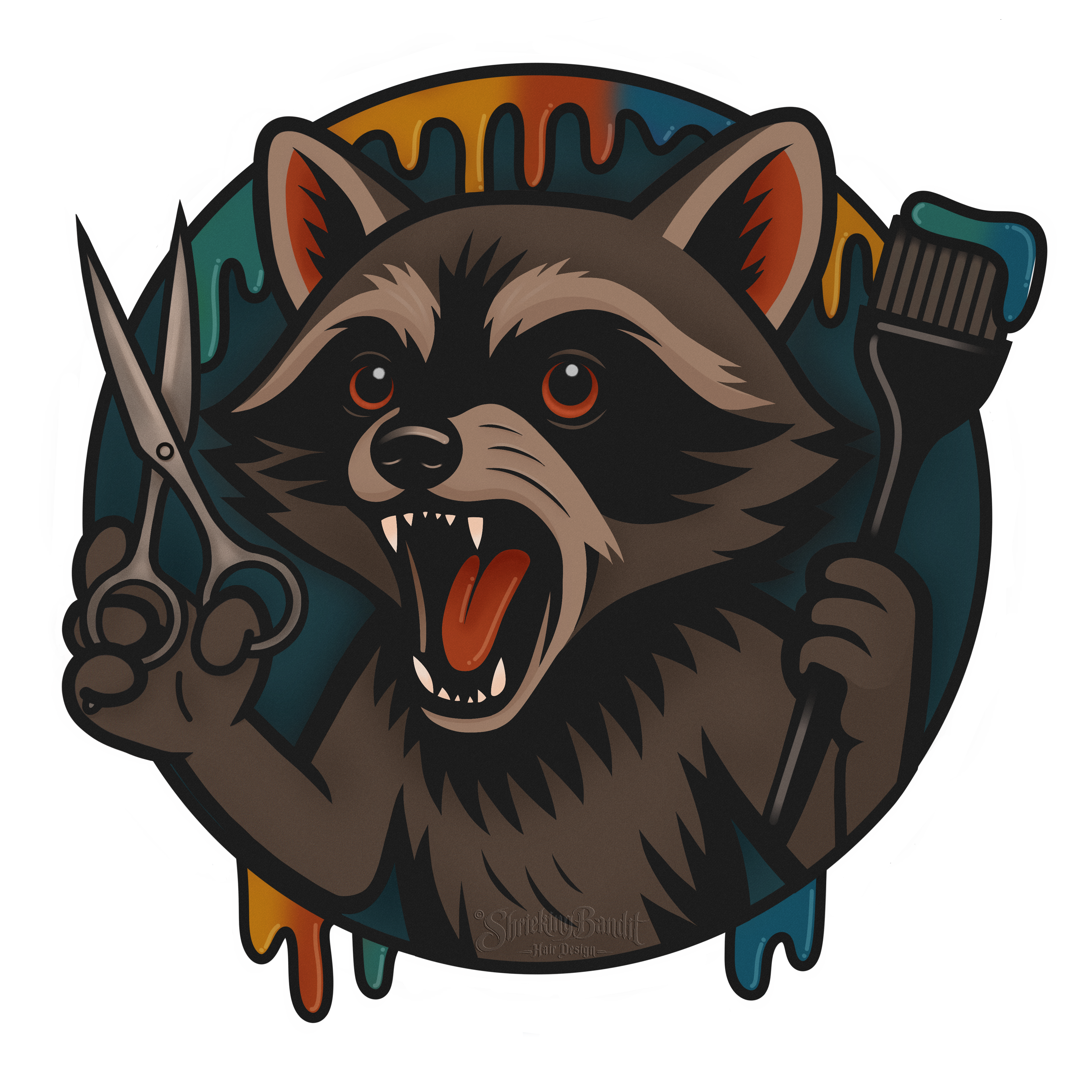 Shrieking Bandit Hair Design Logo picturing a cartoon raccoon holding hair cutting scissors and a hair dye brush